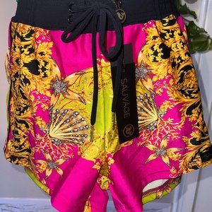 NEW Sauvage Bel Air Paisley Pink, Gold, Black, Lime Green Shorts, XS